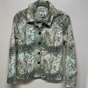 KEREN hart Green Jean Jacket with Artistic Botanical Print